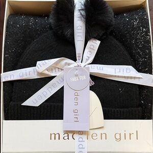 Madden Girl Black Knit Beanie with Faux Fur Pom Gift Box Set